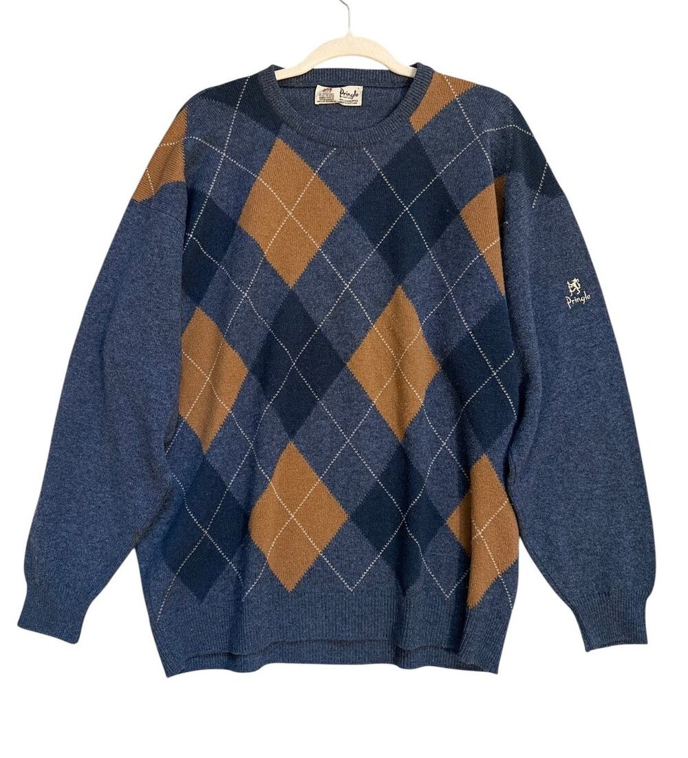 Vintage Pringle Scotland Lambswool Sweater L Argyle Blue Brown Made Scotland